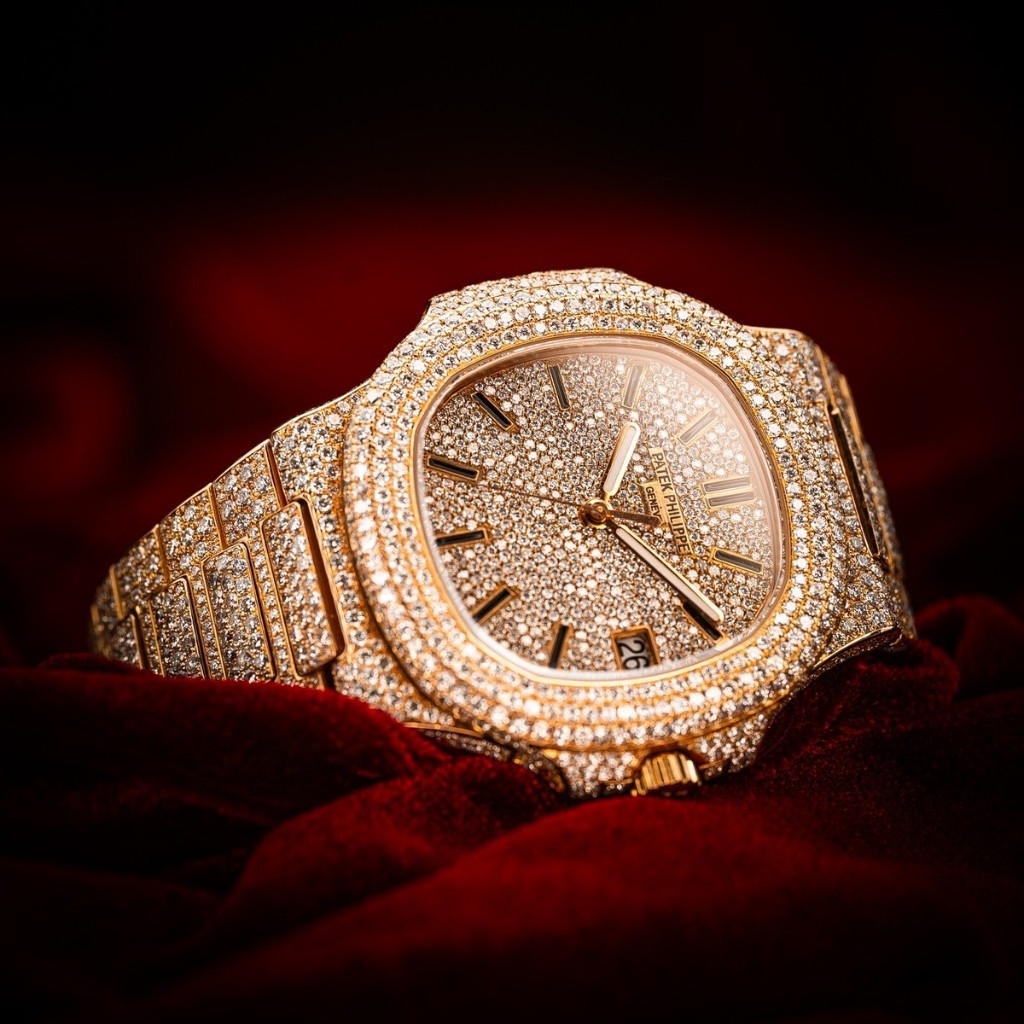 Reloj de alta joyería pavé sobre terciopelo